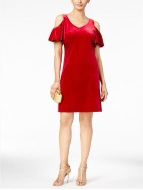 MSK Cold-Shoulder Flutter Short Sleeve Shift Cocktail Midi Dress Red Size Small